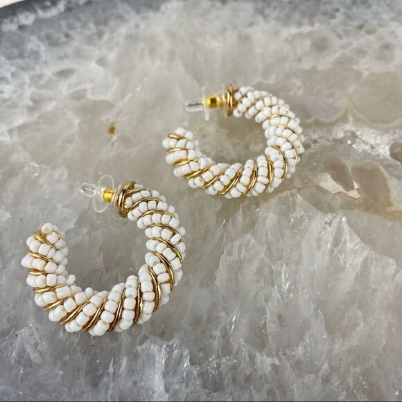 NWT Beaded White and Gold Hoops - Picture 2 of 8